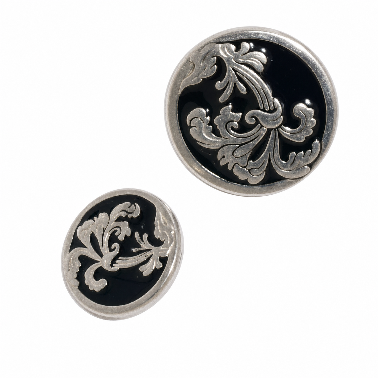 Silvertone Metal Buttons with Midnight Blue Epoxy — Scrollwork Design