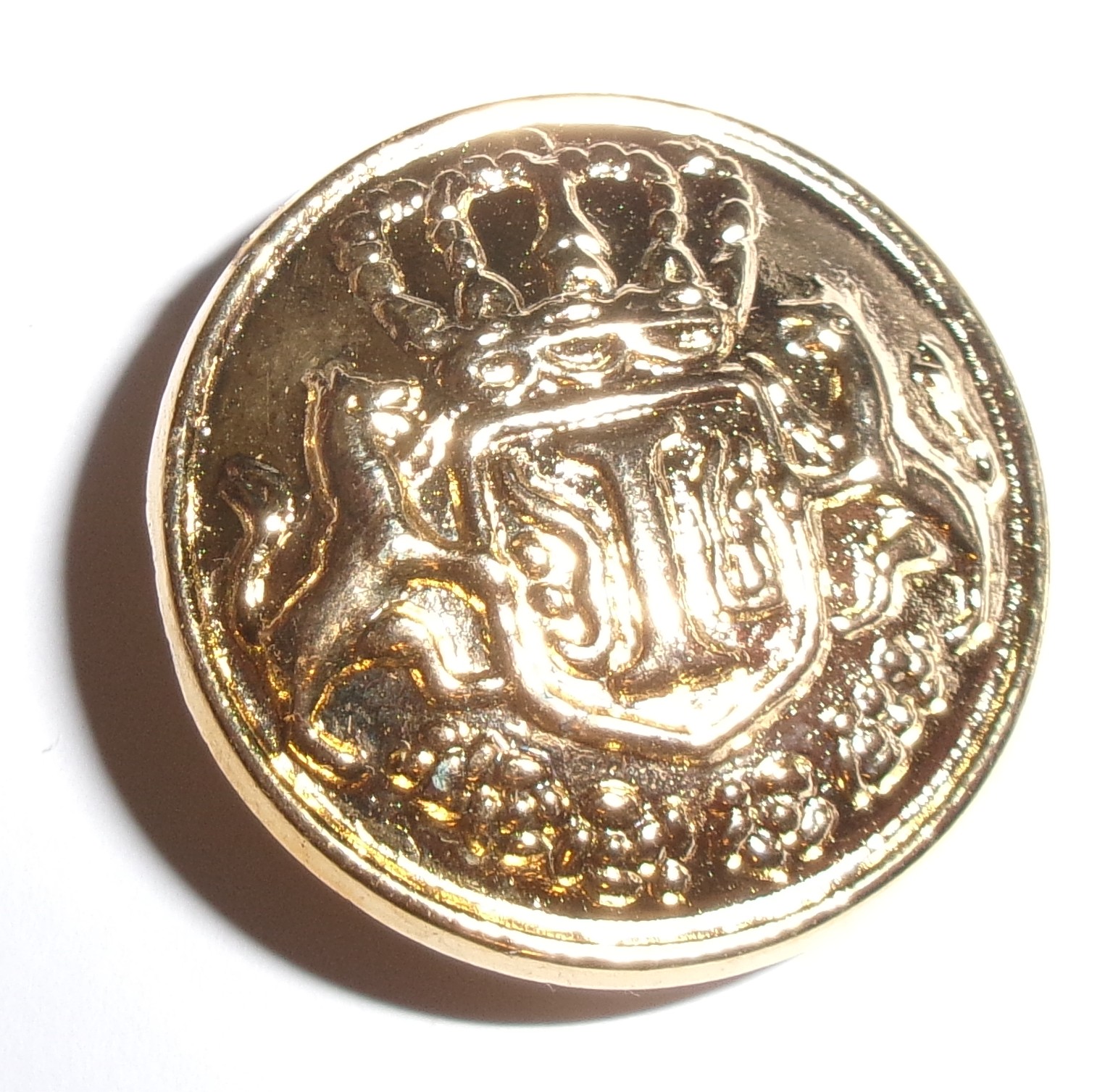 Goldtone lion and unicorn heraldic shank button