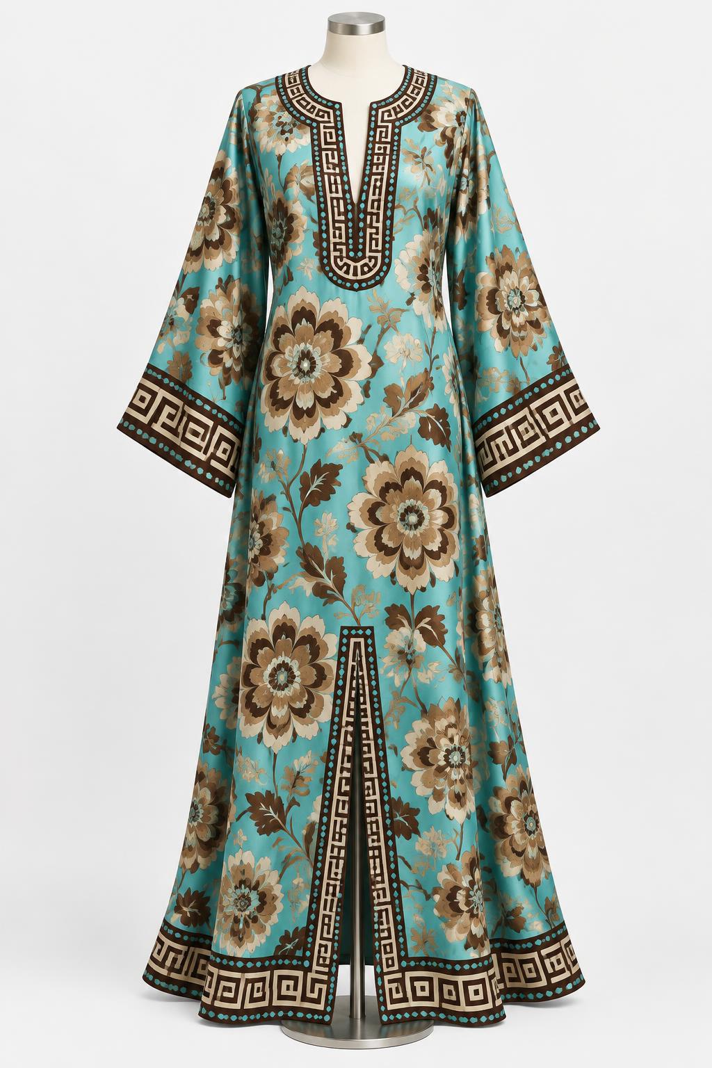 AI-generated styling inspiration for Batik print border print in teal, browns