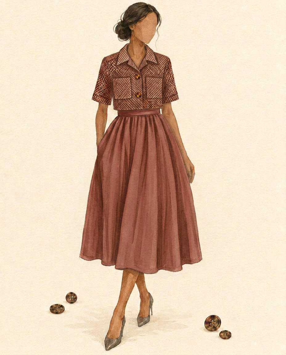 AI-generated styling inspiration for Pure wool birdseye tweed, rust/taupe, Spain